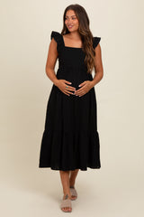 Black Textured Cotton Ruffle Strap Maternity Midi Dress