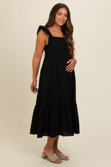 Black Textured Cotton Ruffle Strap Maternity Midi Dress