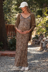 Brown Animal Print Fitted Maternity Maxi Dress