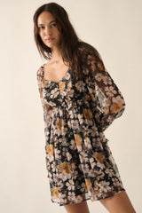 Black Floral Sweetheart Woven Mini Dress