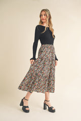 Black Floral Knit Midi Dress With Contrast Woven Skirt