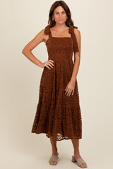 Brown Lace Shoulder Tie Ruffle Hem Midi Dress