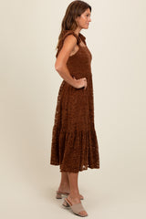 Brown Lace Shoulder Tie Ruffle Hem Midi Dress