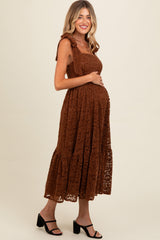 Brown Lace Shoulder Tie Ruffle Hem Maternity Midi Dress