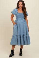 Light Blue Vintage Wash Chambray Smocked Maternity Midi Dress