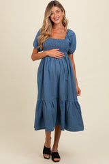 Blue Vintage Wash Chambray Smocked Maternity Midi Dress