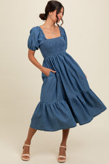 Blue Vintage Wash Chambray Smocked Maternity Midi Dress