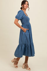 Blue Vintage Wash Chambray Smocked Midi Dress