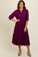 Magenta Collared Button Up Tiered Maternity Midi Dress