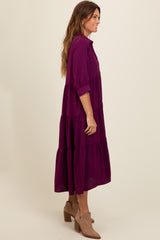 Magenta Collared Button Up Tiered Midi Dress