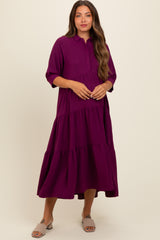 Magenta Collared Button Up Tiered Maternity Midi Dress