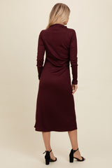 Brown Ruffle Mock Neck Long Sleeve Midi Dress