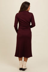 Brown Ruffle Mock Neck Long Sleeve Maternity Midi Dress