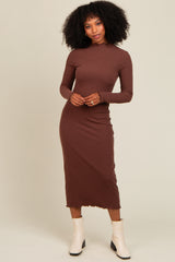 Brown Ruffle Mock Neck Long Sleeve Midi Dress