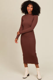 Brown Ruffle Mock Neck Long Sleeve Midi Dress