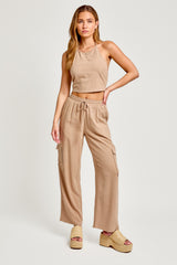 Taupe Halter Neck Linen Crop Top With High Waisted Pants