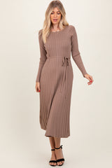 Mocha Pleated Waist Tie Maternity Midi Sweater Dress