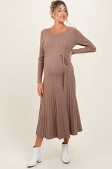 Mocha Pleated Waist Tie Maternity Midi Sweater Dress