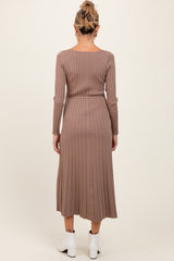 Mocha Pleated Waist Tie Maternity Midi Sweater Dress