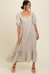 Ivory Floral Pleated Bodice Maxi Dress