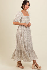 Ivory Floral Pleated Bodice Maxi Dress