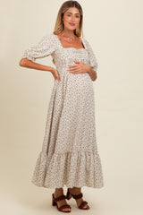 Ivory Floral Pleated Bodice Maternity Maxi Dress