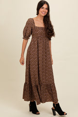 Mocha Floral Pleated Bodice Maxi Dress