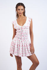 Pink Rose Floral Cap Sleeve Smocked Body Mini Dress