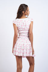 Pink Rose Floral Cap Sleeve Smocked Body Mini Dress