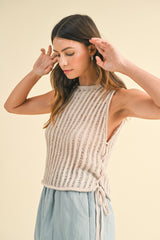 Oatmeal Open Stitch Side Lace Up Detailed Sweater Top