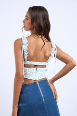 Blue Star Floral Ruffle Tie Strap Corset Crop Top