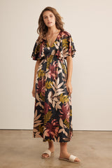 Black Tropical Print Flutter Sleeve Satin Midi Dress