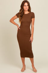 Brown Short Sleeve Rib Knit Maternity Midi Dress