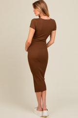 Brown Short Sleeve Rib Knit Maternity Midi Dress