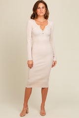 Cream Ribbed Fitted Button Long Sleeve Dress