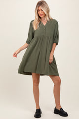 Olive Button Up Split Neck Dress