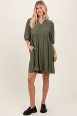 Olive Button Up Split Neck Dress