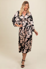 Black Floral Satin Pleated V-Neck Maxi Dress