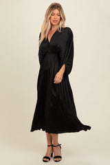 Black Satin Pleated V-Neck Maternity Maxi Dress