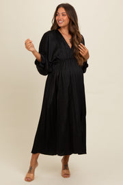 Black Satin Pleated V-Neck Maternity Maxi Dress