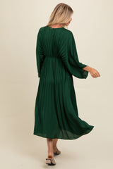 Forest Green Satin Pleated V-Neck Maxi Dress