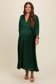 Forest Green Satin Pleated V-Neck Maternity Maxi Dress