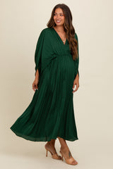 Forest Green Satin Pleated V-Neck Maternity Maxi Dress