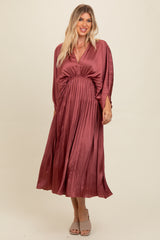 Mauve Satin Pleated V-Neck Maternity Maxi Dress