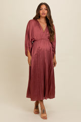 Mauve Satin Pleated V-Neck Maternity Maxi Dress