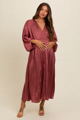 Mauve Satin Pleated V-Neck Maternity Maxi Dress