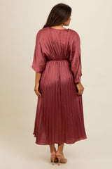 Mauve Satin Pleated V-Neck Maternity Maxi Dress