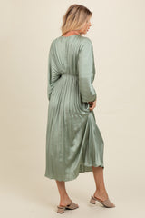 Light Olive Satin Pleated V-Neck Maxi Dress