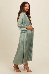 Light Olive Satin Pleated V-Neck Maternity Maxi Dress