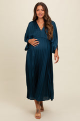 Teal Satin Pleated V-Neck Maternity Maxi Dress